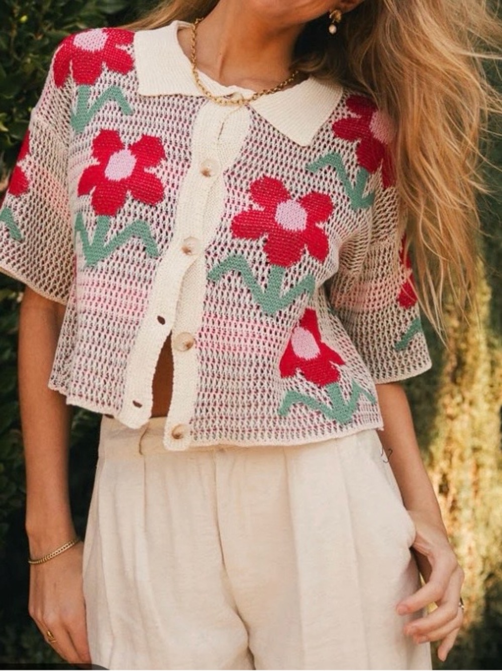 Böhme Cozette Floral Cardigan Size Small Open Knit Collared Boxy Cottagecore